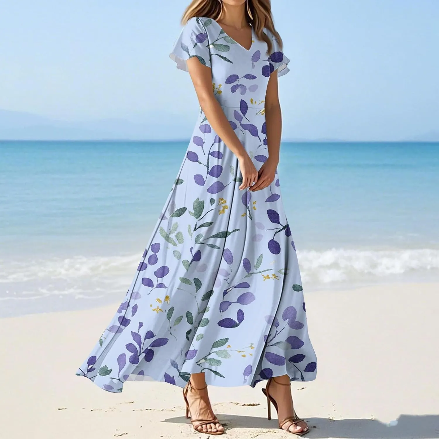 Church Dresses for Women 2025 Summer Elegant Classy Flowy Ruffle Swing V Neck A Line Dress Casual Boho Long Sundress