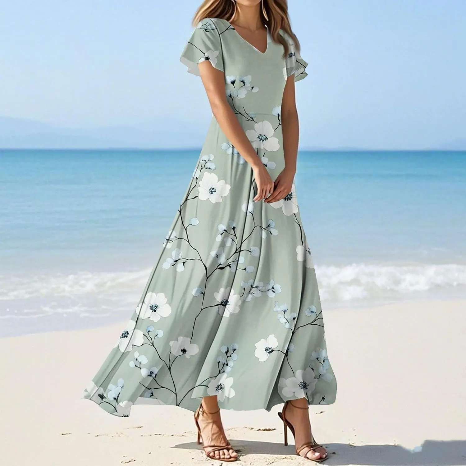 Church Dresses for Women 2025 Summer Elegant Classy Flowy Ruffle Swing V Neck A Line Dress Casual Boho Long Sundress
