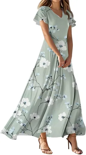 Church Dresses for Women 2025 Summer Elegant Classy Flowy Ruffle Swing V Neck A Line Dress Casual Boho Long Sundress