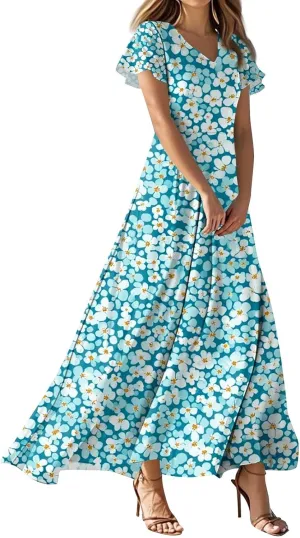Church Dresses for Women 2025 Summer Elegant Classy Flowy Ruffle Swing V Neck A Line Dress Casual Boho Long Sundress