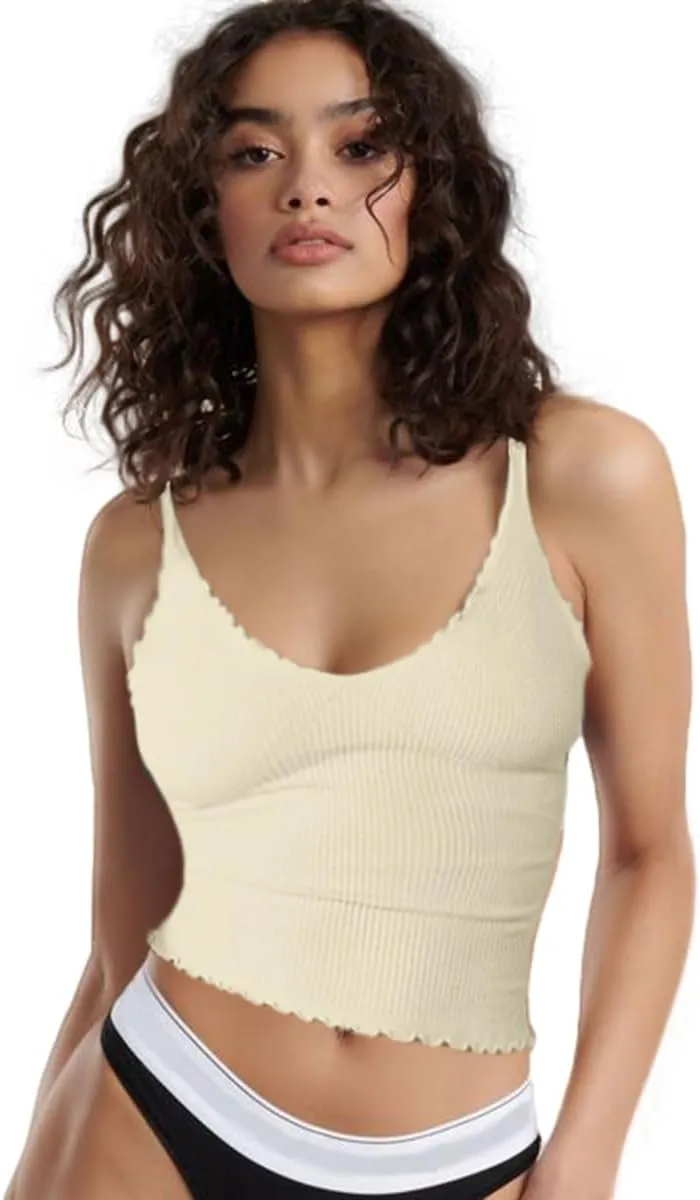 CHYRII Women 3 Pack Ruffled V Neck Cropped Tops Workout Basic Ribbed Camisole Tank Tops
