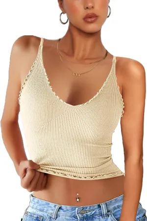 CHYRII Women 3 Pack Ruffled V Neck Cropped Tops Workout Basic Ribbed Camisole Tank Tops