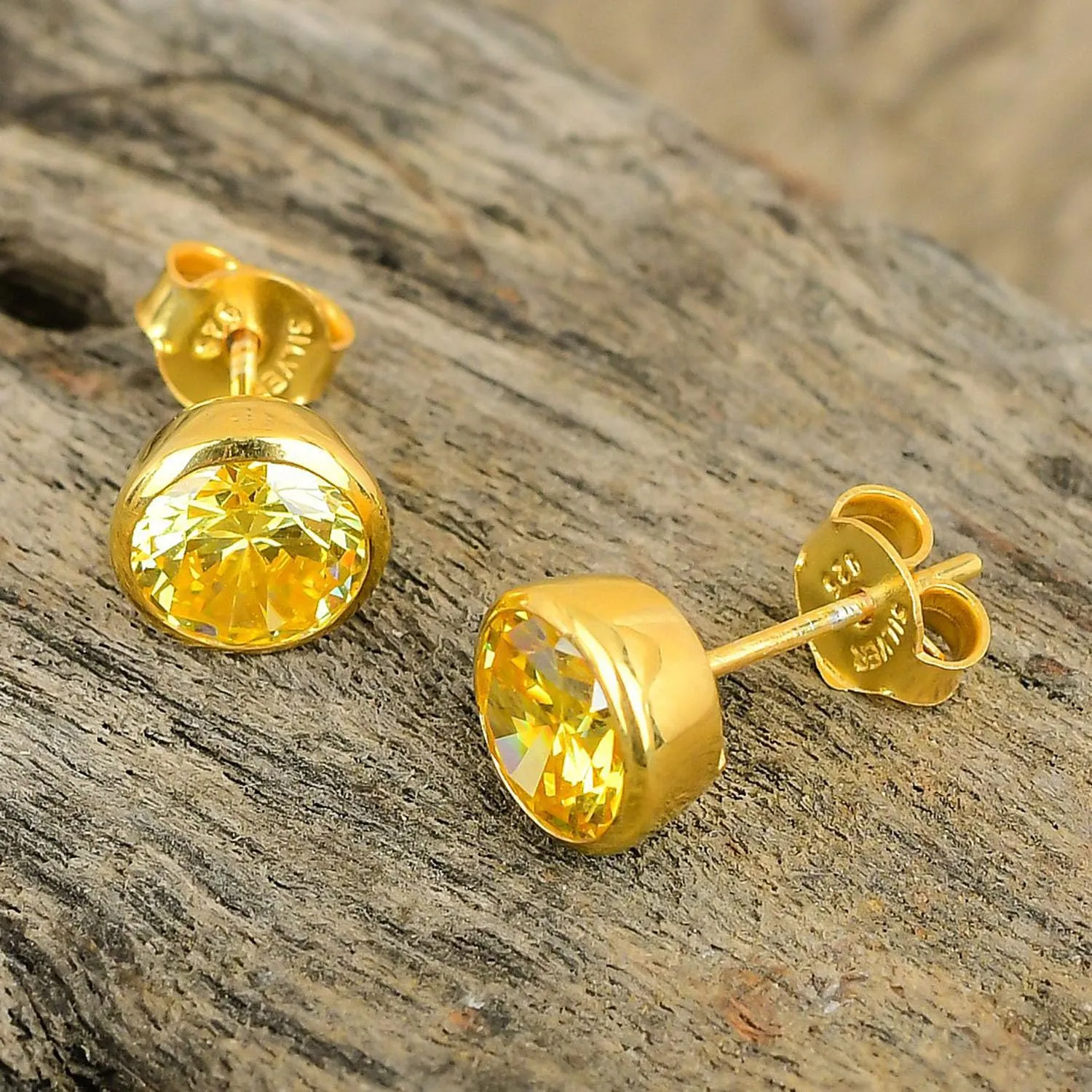 Citrine Gemstone Romantic Earrings for Party | 925 Silver Gold Plated Handmade Stud Earrings For woman & girls | 8 mm Round Stone