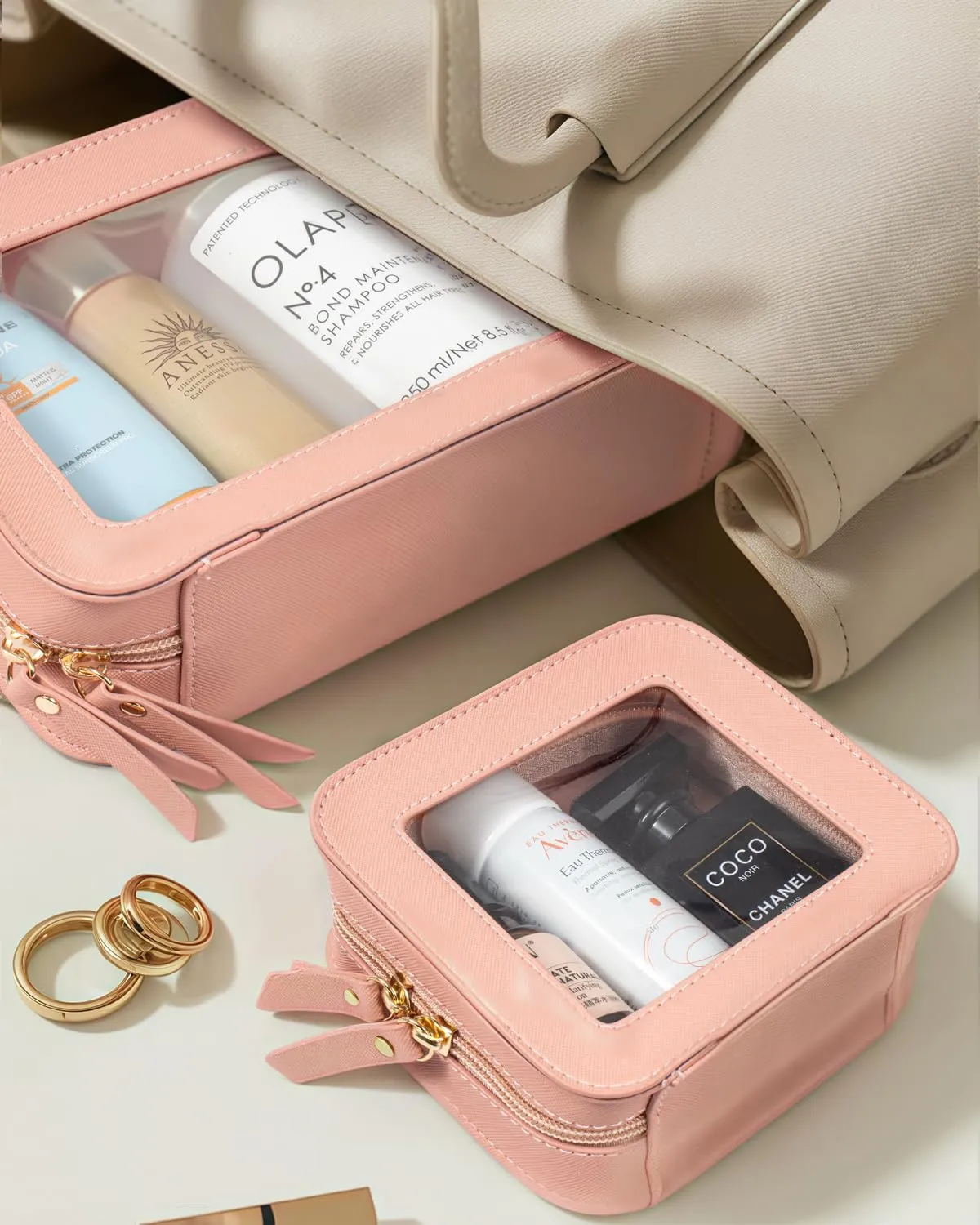 Clear Makeup Bag Set for Women, Travel Pink Makeup Pouch Waterproof Cosmetic Bags with Zipper Clear Toiletry Bag for Traveling Small Make up Pouch for Purse Mini Cosmetic Case Car Organizer (Pink)