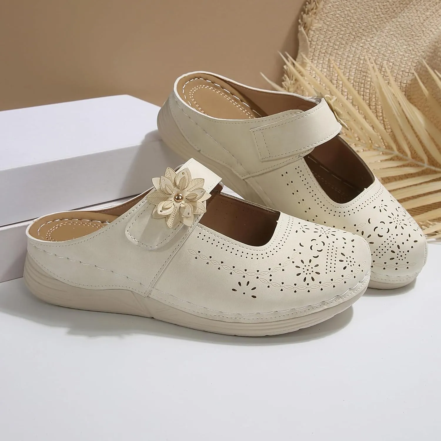 Clogs for Women Leather Comfort Mules Hollow Out Flowers Closed Toe Sandals Summer Casual Arch Support Slip On Slippers Walking Shoes