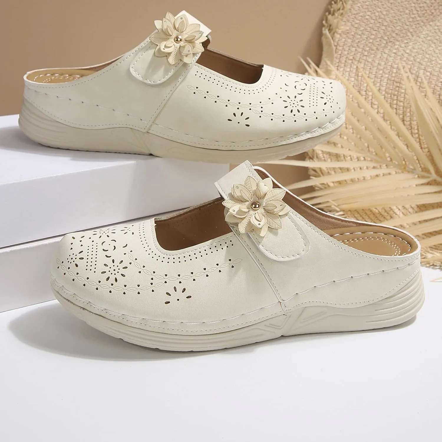 Clogs for Women Leather Comfort Mules Hollow Out Flowers Closed Toe Sandals Summer Casual Arch Support Slip On Slippers Walking Shoes