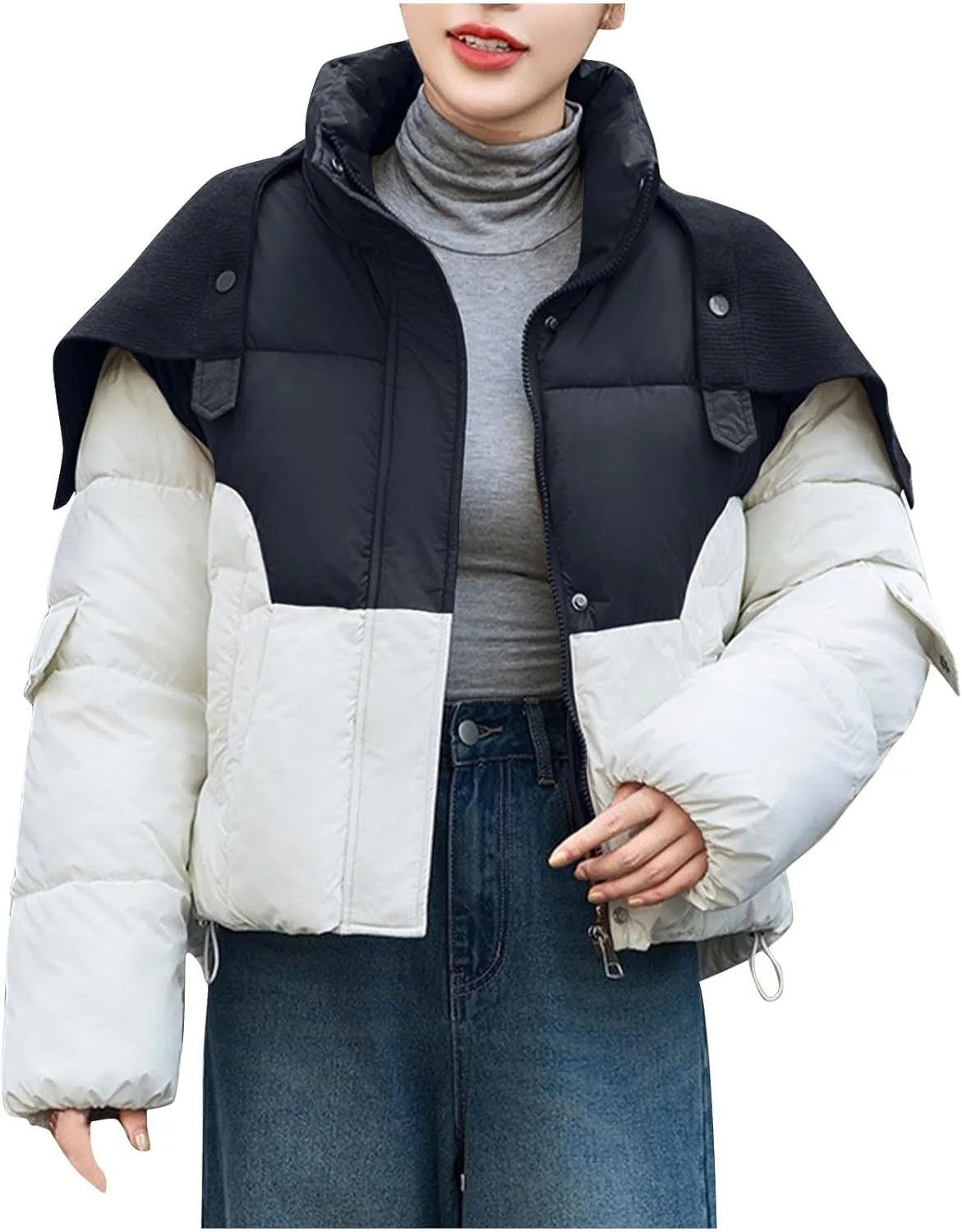 Coats for Women Long Sleeve Hoodless Down Coats Casual Jackets Patchwork Color Cotton Jacket with Pockets