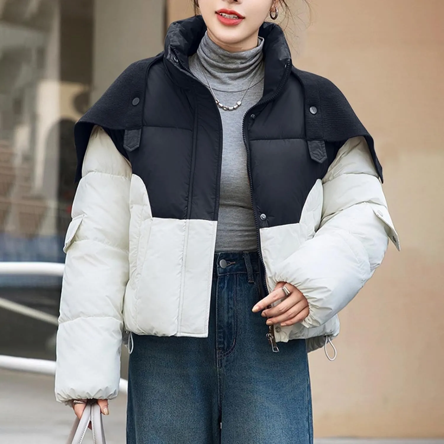 Coats for Women Long Sleeve Hoodless Down Coats Casual Jackets Patchwork Color Cotton Jacket with Pockets