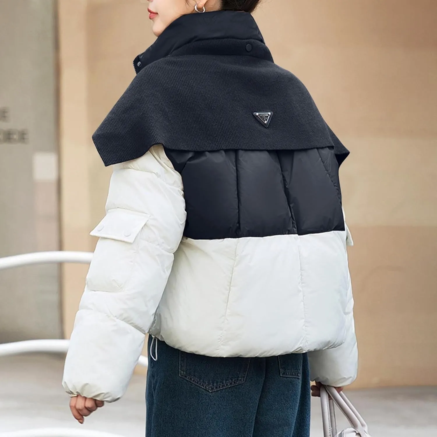 Coats for Women Long Sleeve Hoodless Down Coats Casual Jackets Patchwork Color Cotton Jacket with Pockets