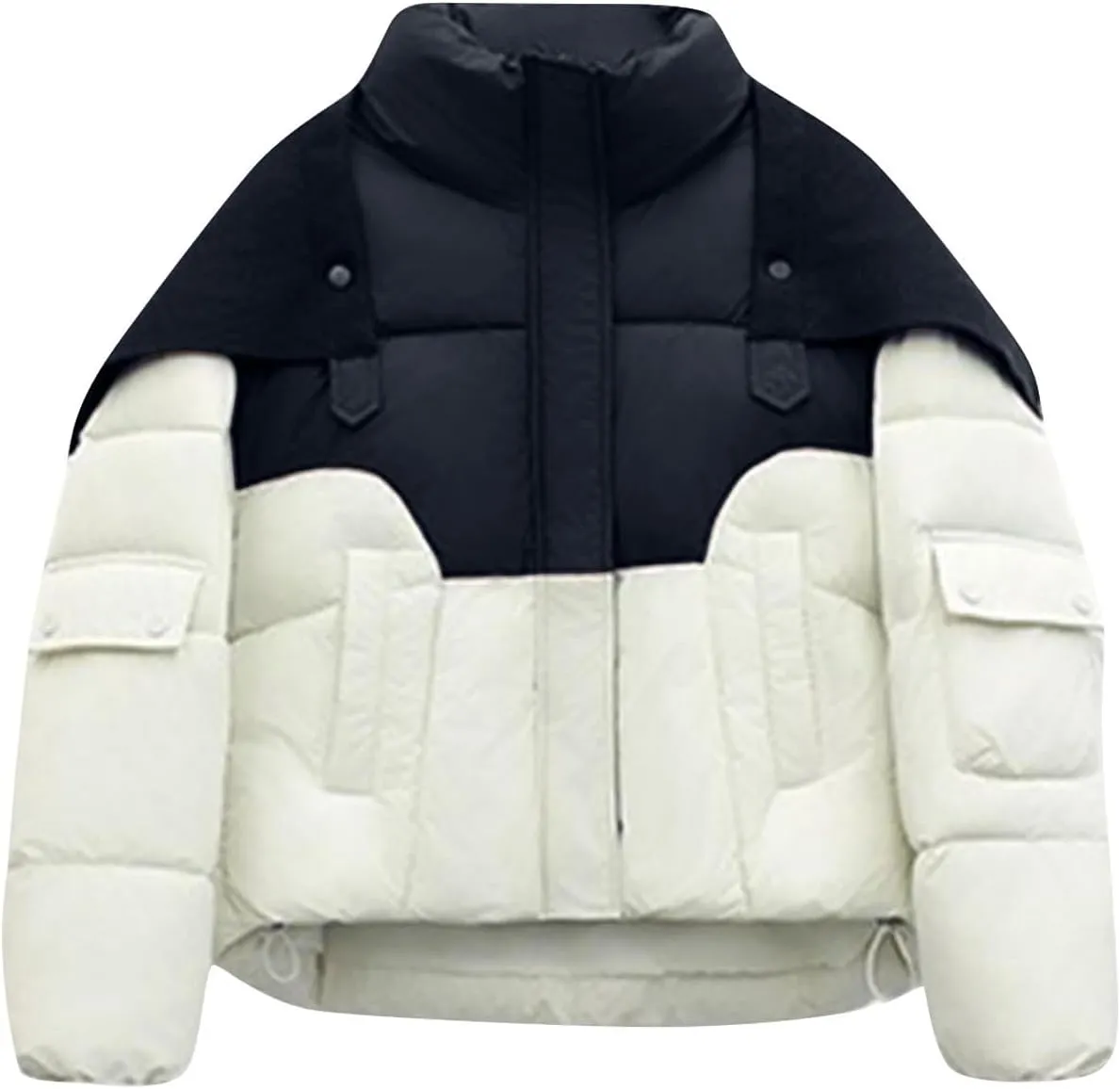 Coats for Women Long Sleeve Hoodless Down Coats Casual Jackets Patchwork Color Cotton Jacket with Pockets