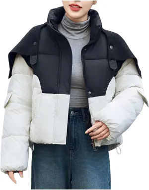 Coats for Women Long Sleeve Hoodless Down Coats Casual Jackets Patchwork Color Cotton Jacket with Pockets