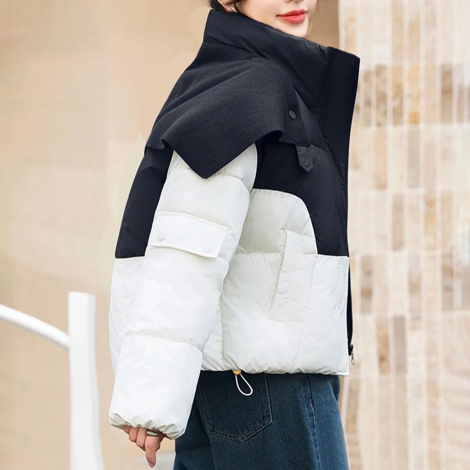 Coats for Women Long Sleeve Hoodless Down Coats Casual Jackets Patchwork Color Cotton Jacket with Pockets