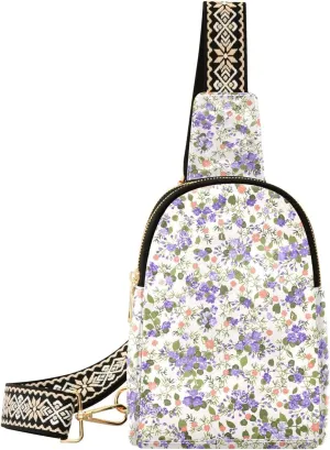 Colorful Purple Flowers Fanny Pack Crossbody PC Leather Small Sling Bag for Women Watercolor Floral Fashion Waist Packs Chest Bag for Travel Sports Running Hiking