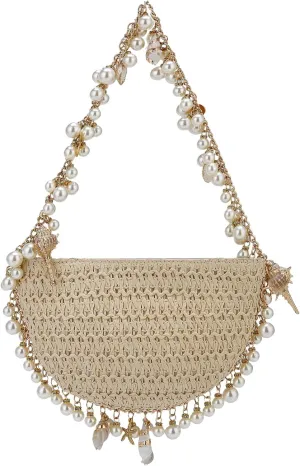 Comeon Women Straw Shoulder Handbag Pearl Conch Summer Beach Bag Chic Hand-Woven Straw Clutch Purse for Wedding Vacation