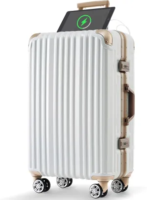 Convenient Travel with 24in Aluminum Frame Suitcase, USB Port, Spinner Wheels for Easy Maneuvering, Gloss White