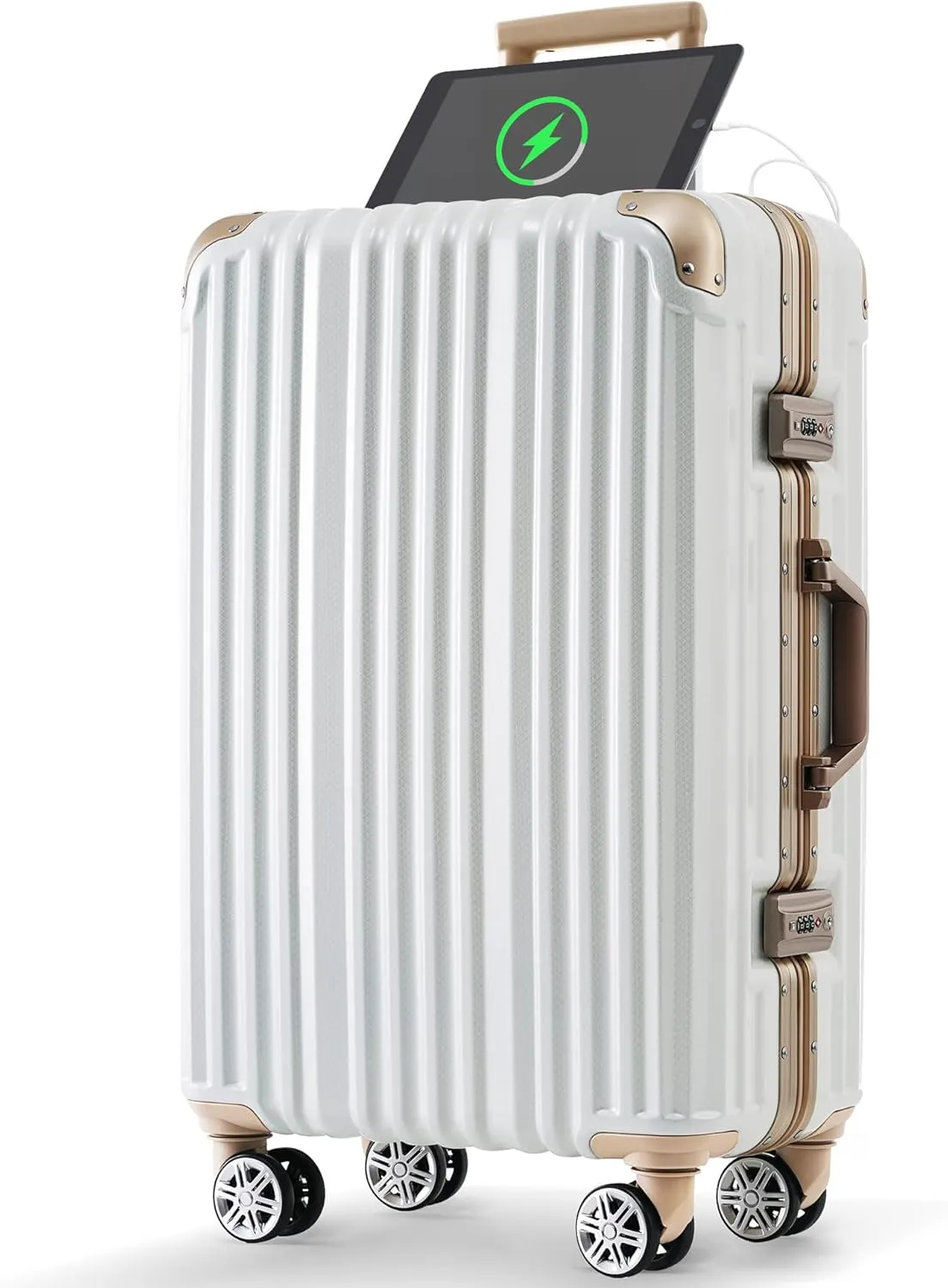 Convenient Travel with 24in Aluminum Frame Suitcase, USB Port, Spinner Wheels for Easy Maneuvering, Gloss White