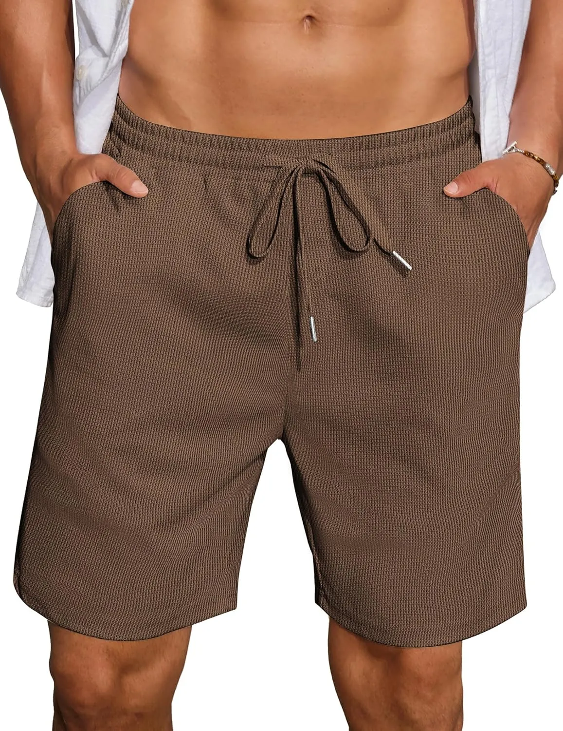 COOFANDY Mens Casual Waffle Shorts Elastic Waist Summer Beach Shorts 7" Workout Sweat Shorts
