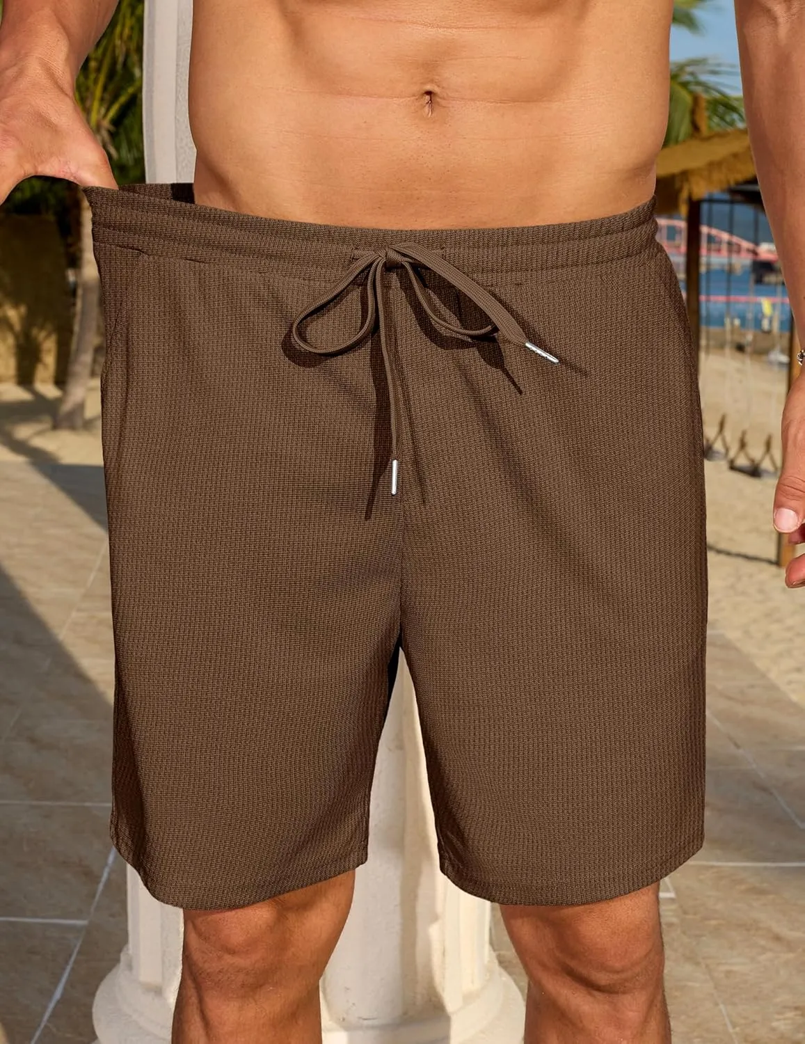 COOFANDY Mens Casual Waffle Shorts Elastic Waist Summer Beach Shorts 7" Workout Sweat Shorts