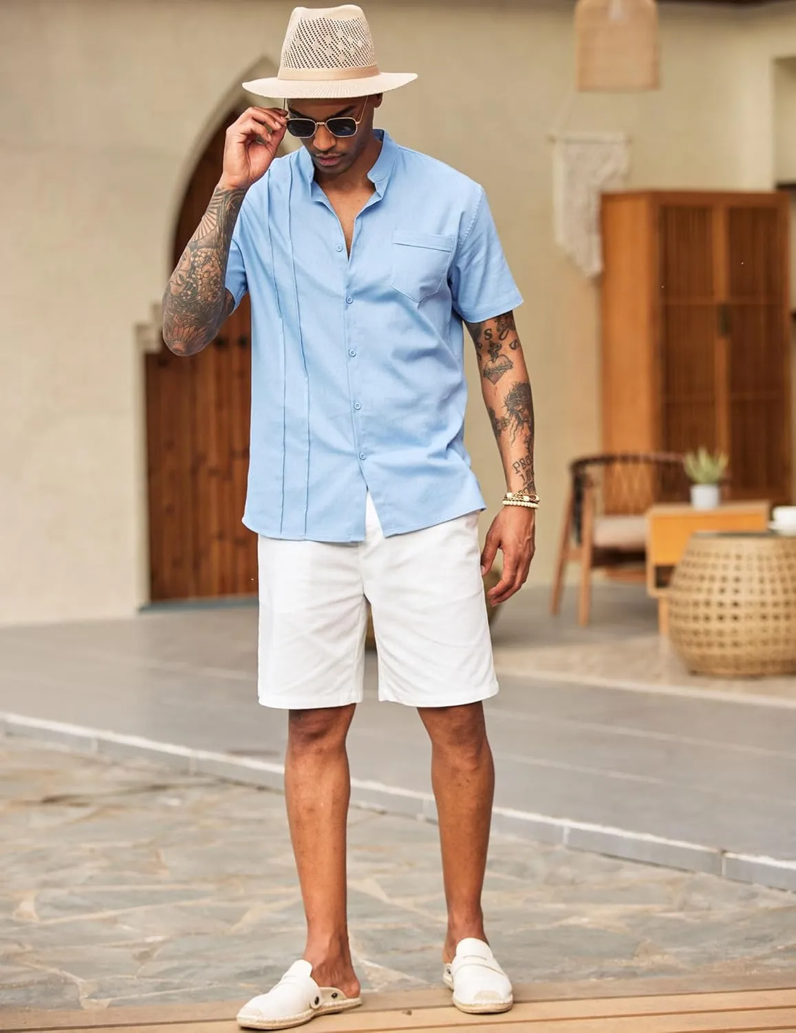 COOFANDY Men's Linen Shorts Casual Beach Shorts 9 inch Inseam Elastic Waist Drawstring Summer Shorts