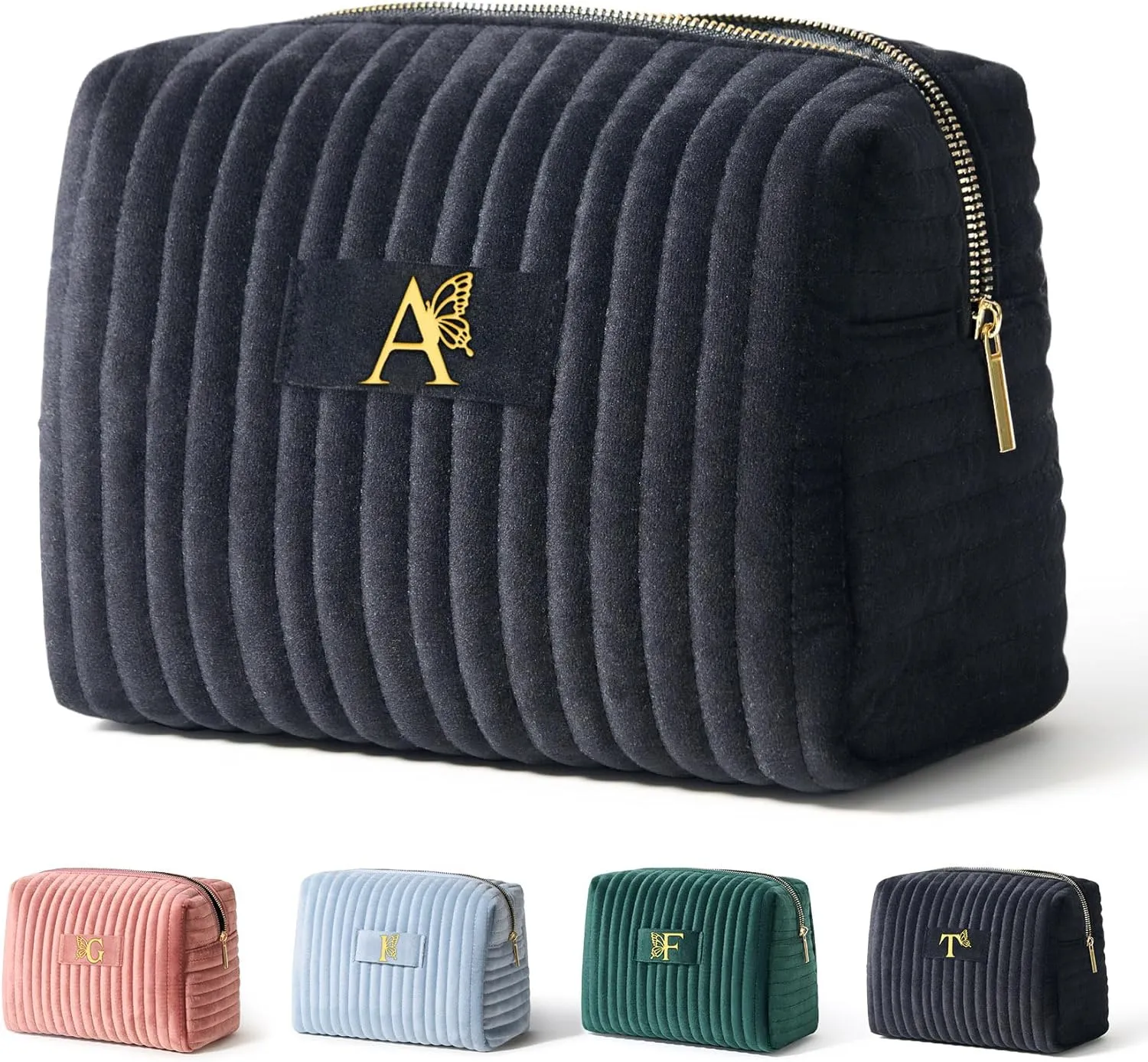 COSHAYSOO Personalized Birthday Retirement Gifts for Women Unique Travel Makeup Bag Quilted Make Up Cosmetic Pouch Woman Friend Gift Beauty Accessories Organizer Black Initial Letter A