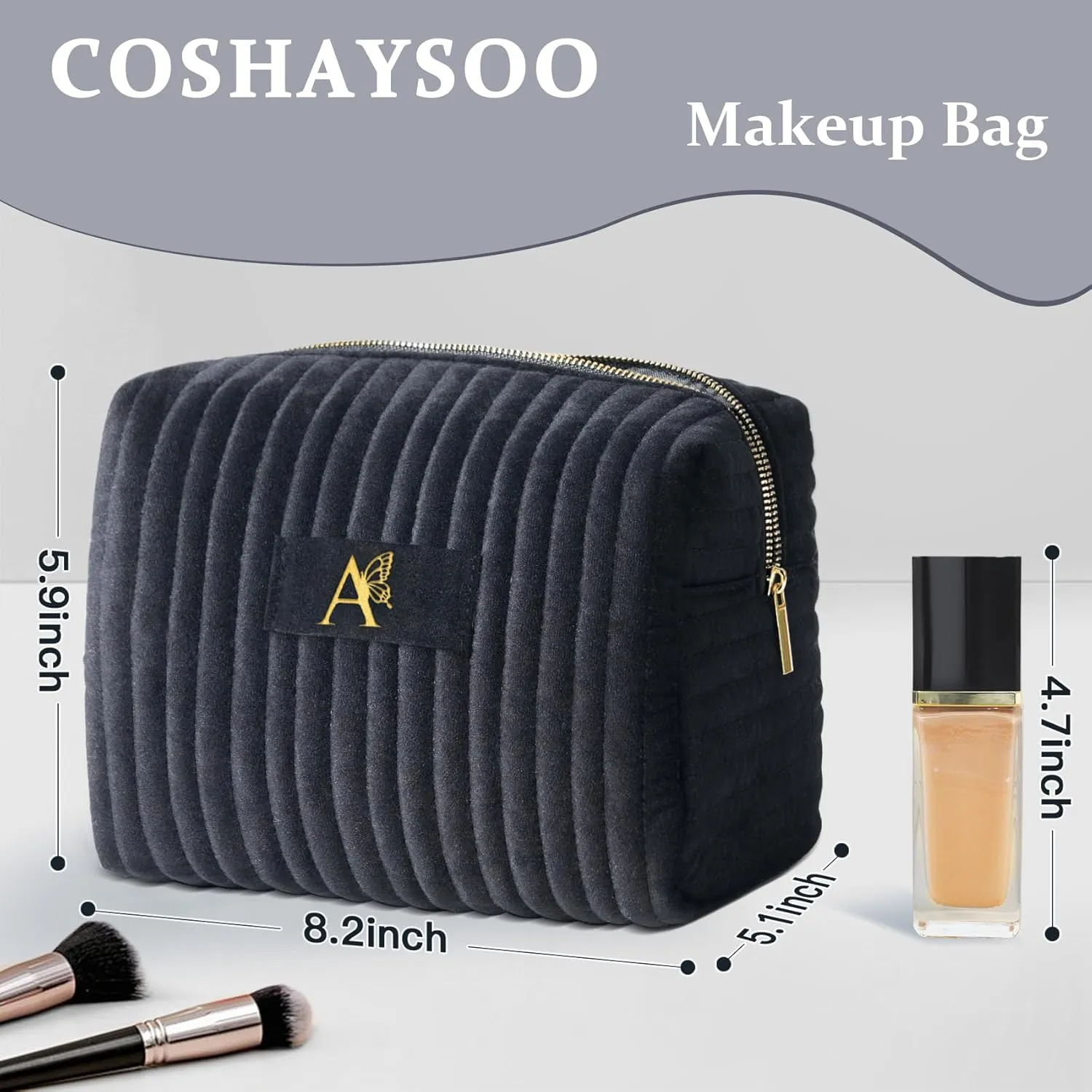 COSHAYSOO Personalized Birthday Retirement Gifts for Women Unique Travel Makeup Bag Quilted Make Up Cosmetic Pouch Woman Friend Gift Beauty Accessories Organizer Black Initial Letter A