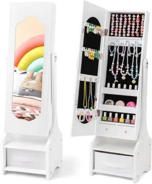 Costzon Kids Jewelry Armoire Cabinet, 41.5 Standing Jewelry Organizer with Full-Length Mirror, 3 Storage Drawers, Kids Vanity Dress Up Mirror Jewelry Cabinet for Little Girls (White)