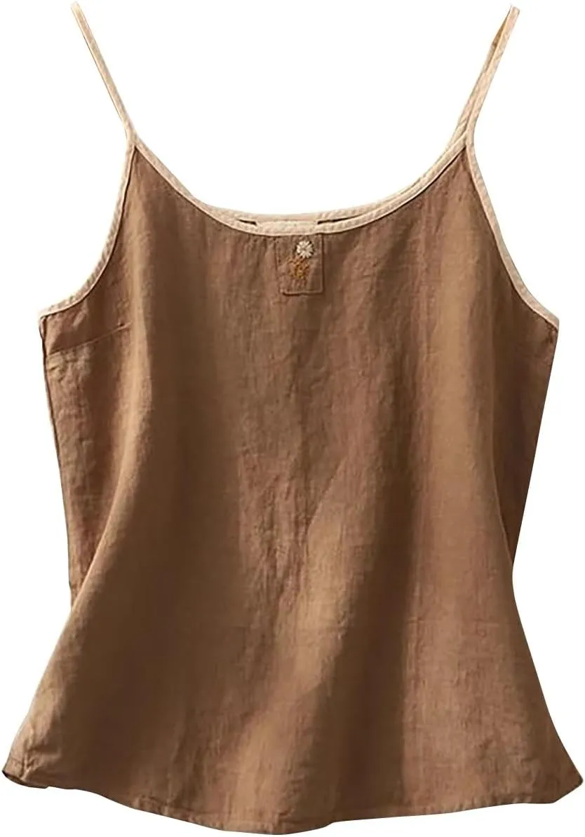 Cotton Linen Tank Tops for Women Loose Fit Sleeveless Button Tee Shirts Summer Casual Flowy Blouses Tunic Tops