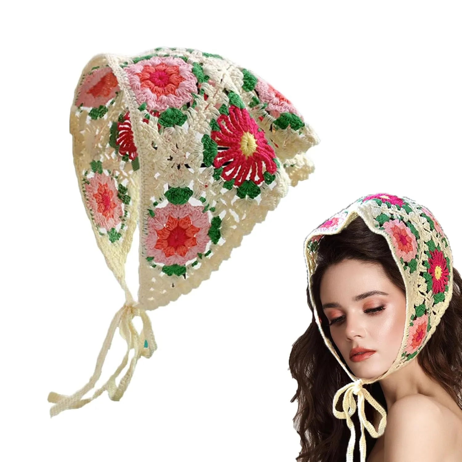 Crochet Head Scarf Bandanas Headbands Hair Scarf for Women Girls Knitted Floral Hair Coverings Accessories for Hair Styling Holiday Decor, Tie-back Head Kerchief