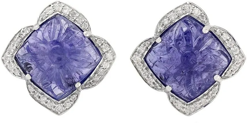 Cushion Cut 2.00Ct Tanzanite 14K White Gold Plated 925 Sterling Silver Flower Stud Earrings Gift For Her