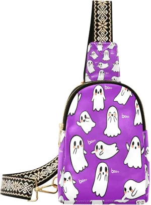 Cute Littles Ghost Fanny Pack Crossbody PC Leather Small Sling Bag for Women Purple Halloween Fashion Waist Packs Chest Bag for Travel Sports Running Hiking