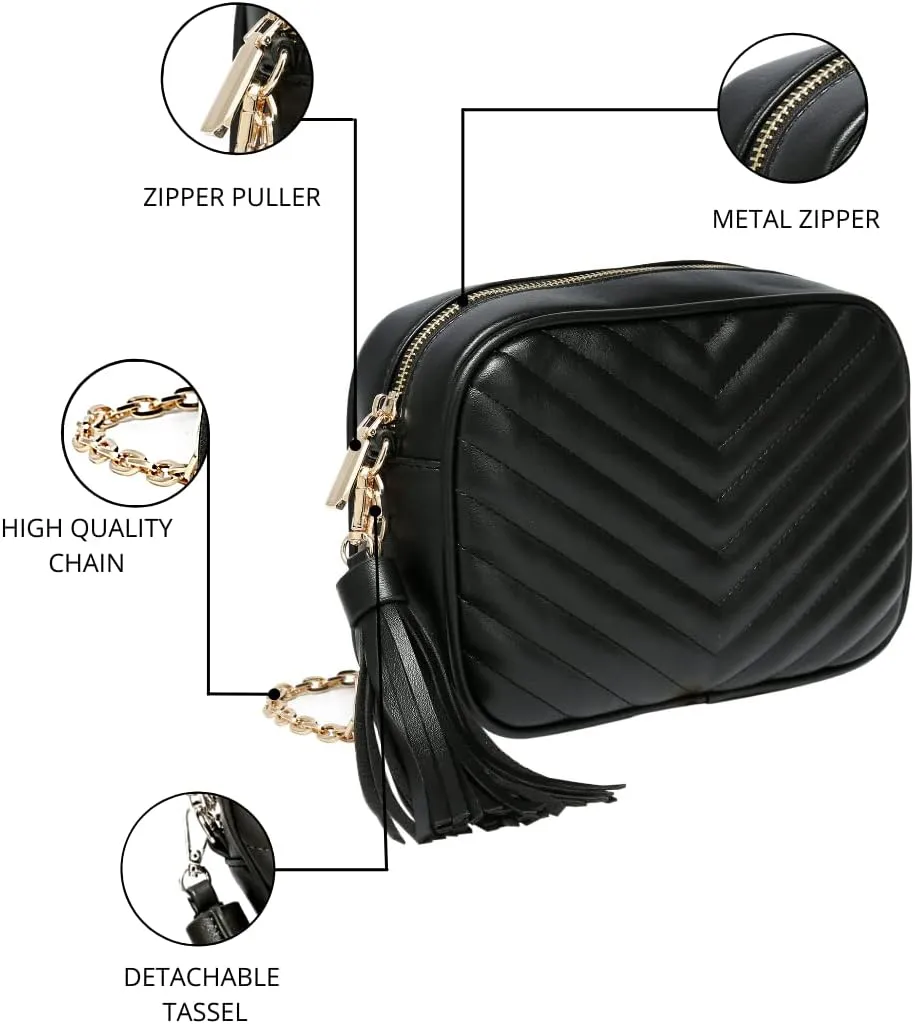 Daisy Rose Quilted Shoulder Cross Body Bag & Detachable Tassel, PU Vegan Leather