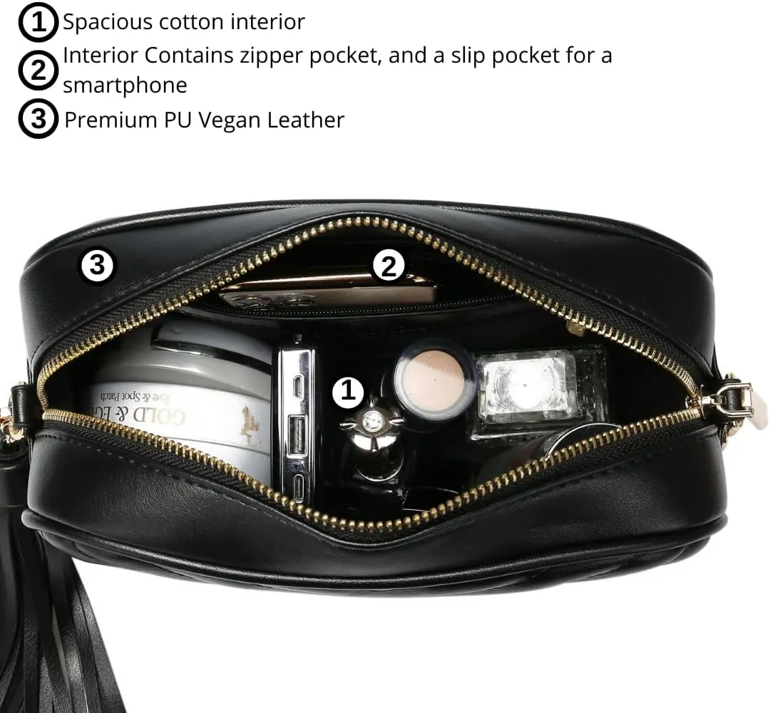 Daisy Rose Quilted Shoulder Cross Body Bag & Detachable Tassel, PU Vegan Leather
