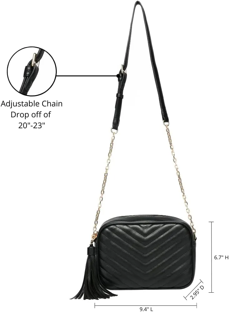Daisy Rose Quilted Shoulder Cross Body Bag & Detachable Tassel, PU Vegan Leather