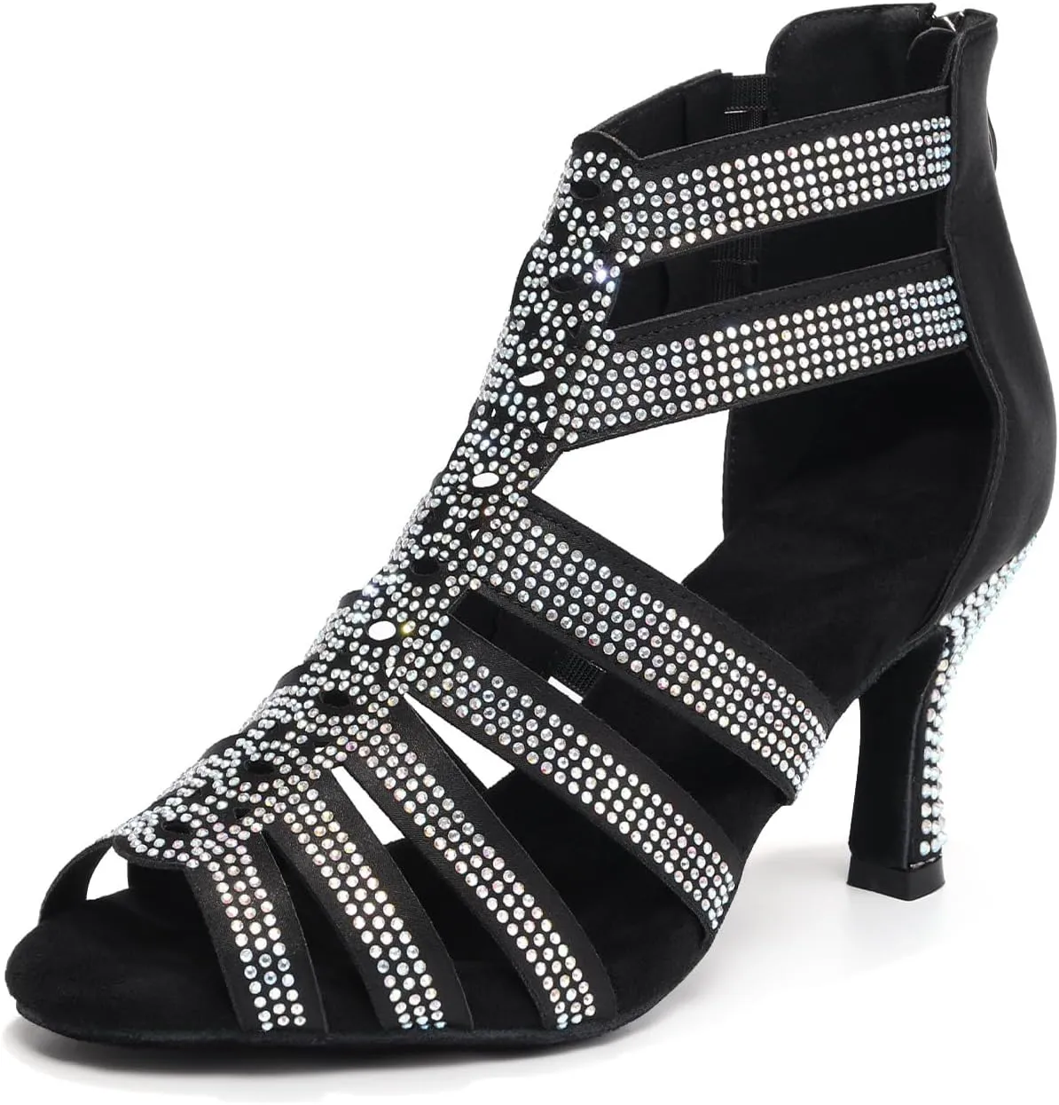 Dance Boots for Women Latin Salsa Ballroom Performance Dress Shoes 3 Inch Heel Rhinestones Suede Sole Dance Shoes