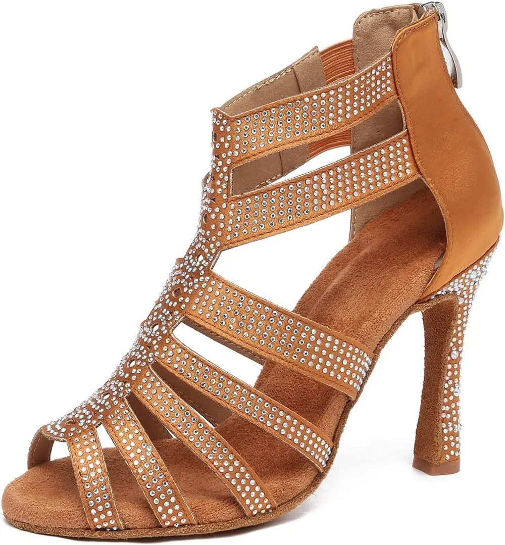 Dance Boots for Women Latin Salsa Ballroom Performance Dress Shoes 3 Inch Heel Rhinestones Suede Sole Dance Shoes