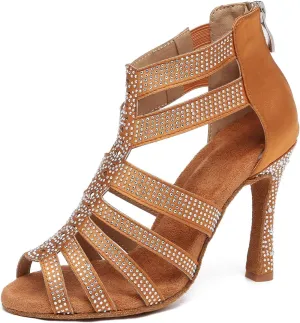Dance Boots for Women Latin Salsa Ballroom Performance Dress Shoes 3 Inch Heel Rhinestones Suede Sole Dance Shoes