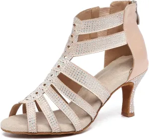 Dance Boots for Women Latin Salsa Ballroom Performance Dress Shoes 3 Inch Heel Rhinestones Suede Sole Dance Shoes