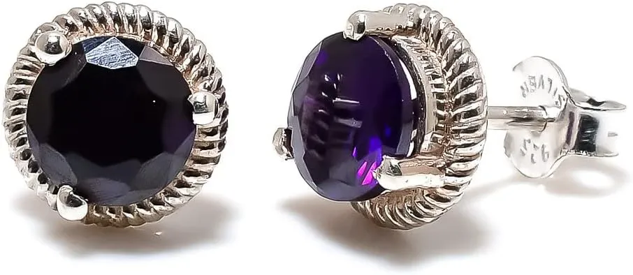 Dark Amethyst Jewelry Set, Sterling Silver or Gold-Plated Ring and Stud Earrings, Round Cut