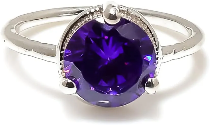 Dark Amethyst Jewelry Set, Sterling Silver or Gold-Plated Ring and Stud Earrings, Round Cut