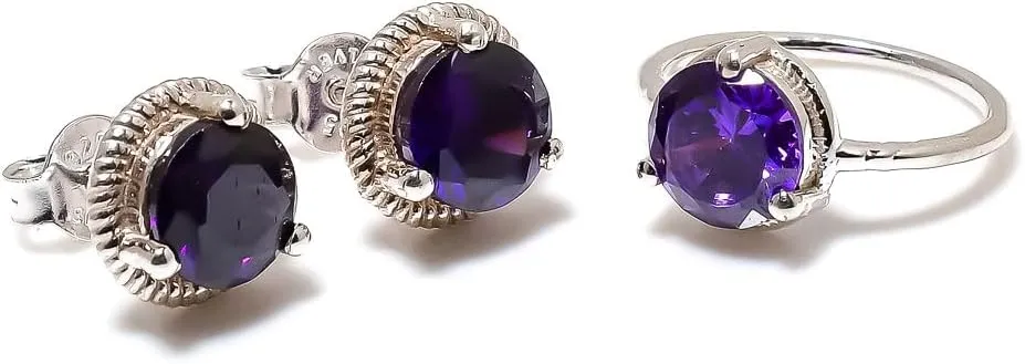 Dark Amethyst Jewelry Set, Sterling Silver or Gold-Plated Ring and Stud Earrings, Round Cut