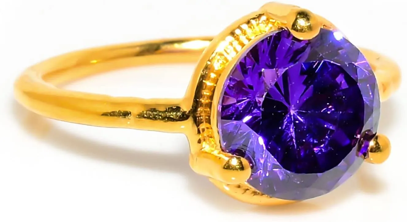Dark Amethyst Jewelry Set, Sterling Silver or Gold-Plated Ring and Stud Earrings, Round Cut