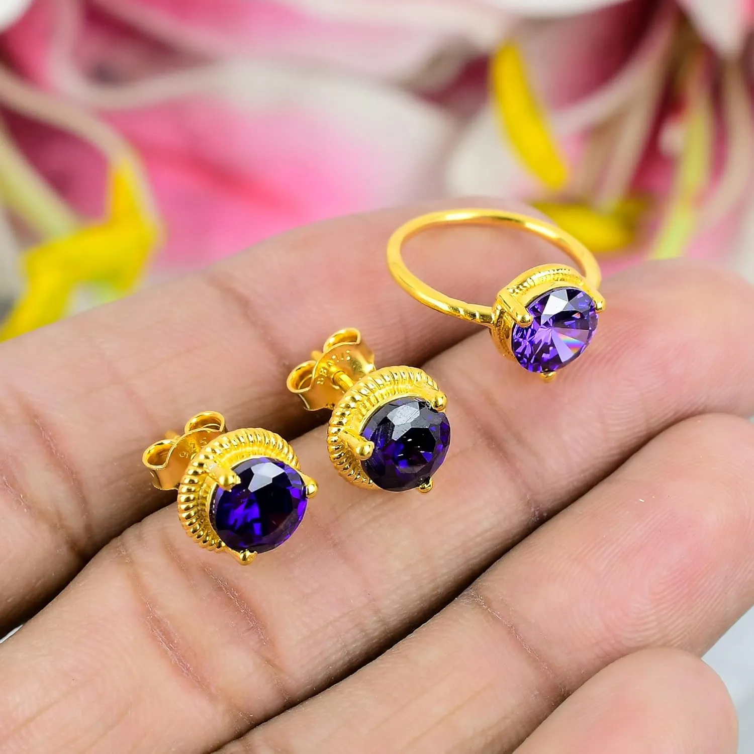 Dark Amethyst Jewelry Set, Sterling Silver or Gold-Plated Ring and Stud Earrings, Round Cut