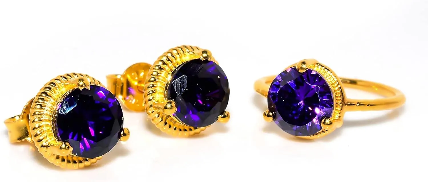 Dark Amethyst Jewelry Set, Sterling Silver or Gold-Plated Ring and Stud Earrings, Round Cut