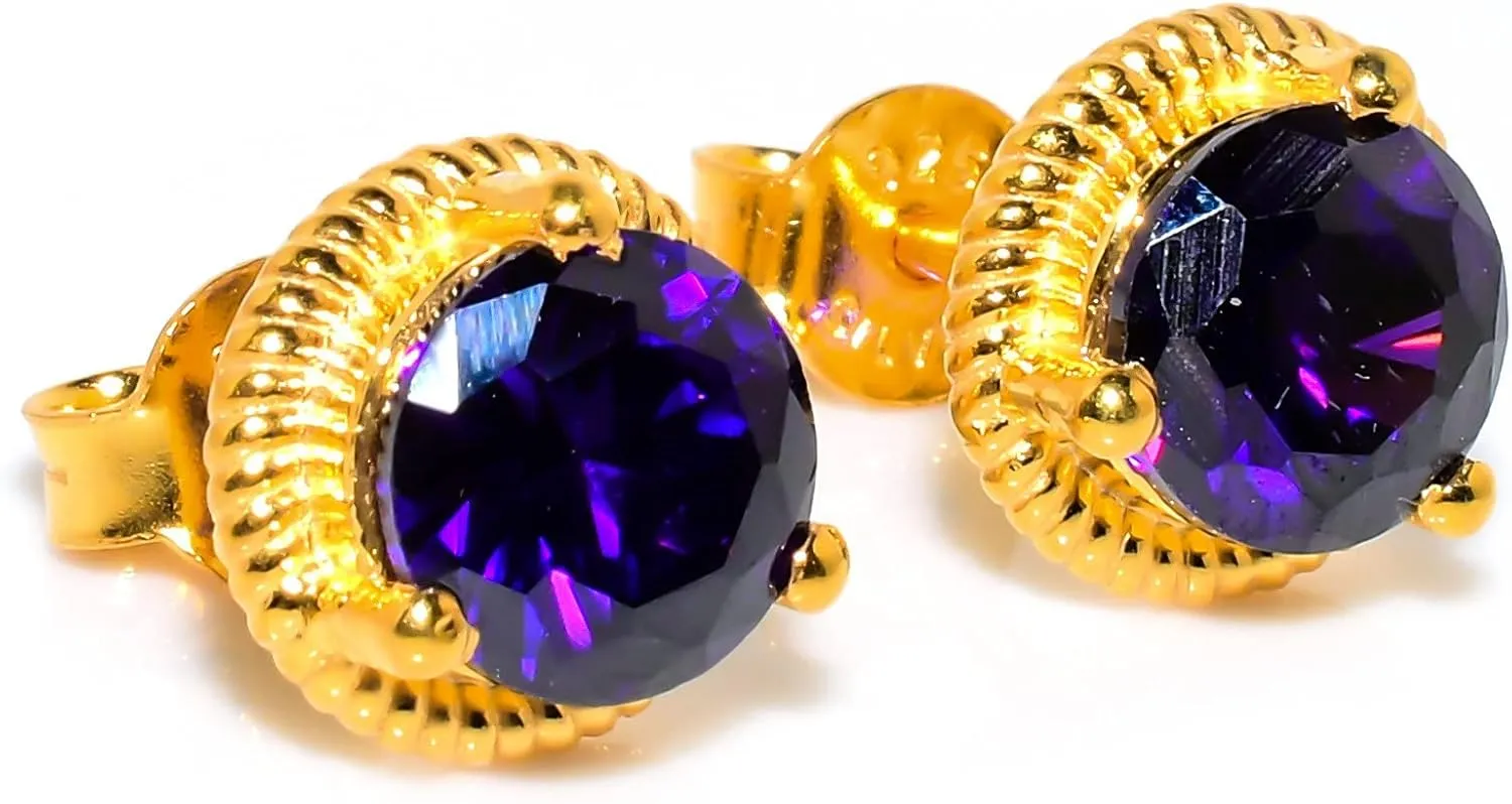 Dark Amethyst Jewelry Set, Sterling Silver or Gold-Plated Ring and Stud Earrings, Round Cut
