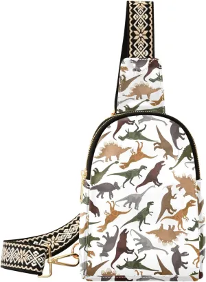 Dinosaurs Fanny Pack Crossbody PC Leather Small Sling Bag for Women White Fashion Waist Packs Chest Bag for Travel Sports Running Hiking