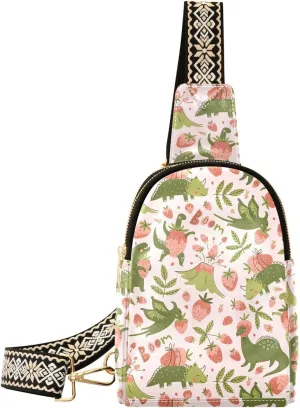 Dinosaurs Leaves Fanny Pack Crossbody PC Leather Small Sling Bag for Women Pink Strawberry Fashion Waist Packs Chest Bag for Travel Sports Running Hiking
