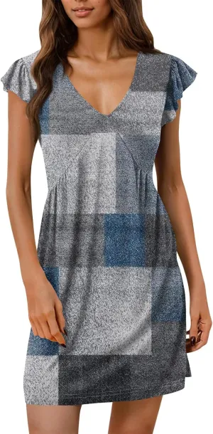 Dresses for Women 2025 Womens Summer Beach Dresses Casual Loose Deep V Neck Sundress Ruffle Short Sleeve Mini Dress