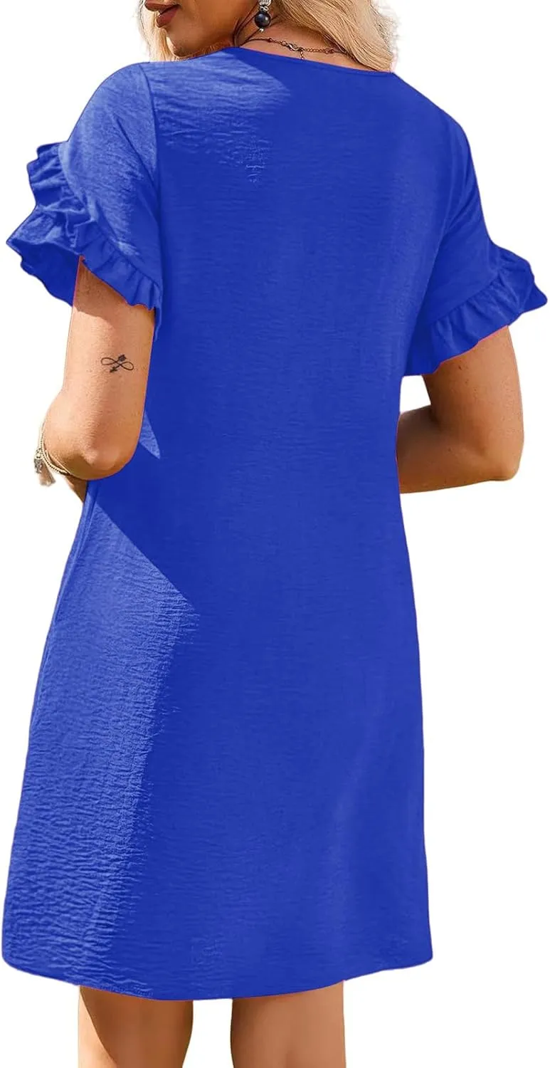 Dresses for Women Ruffle Short Sleeve Dress Summer A Line Mini Solid Dresses Casual Shift Dress Beach Sundress 2025