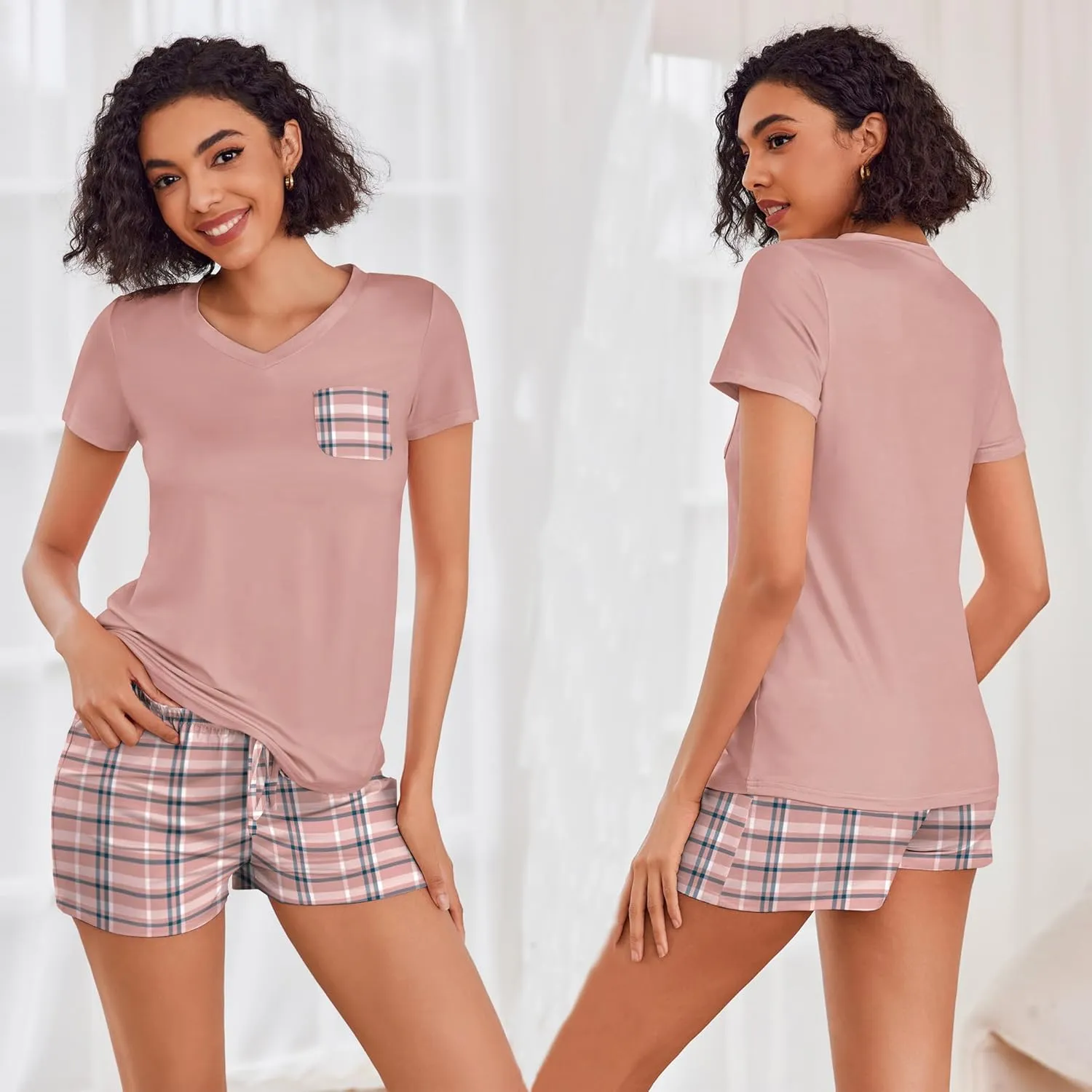 Ekouaer Womens Pajama Sets Short Sleeve Pajamas for Women Sets Soft Lounge Sets Casual V Neck Sleepwear PJS