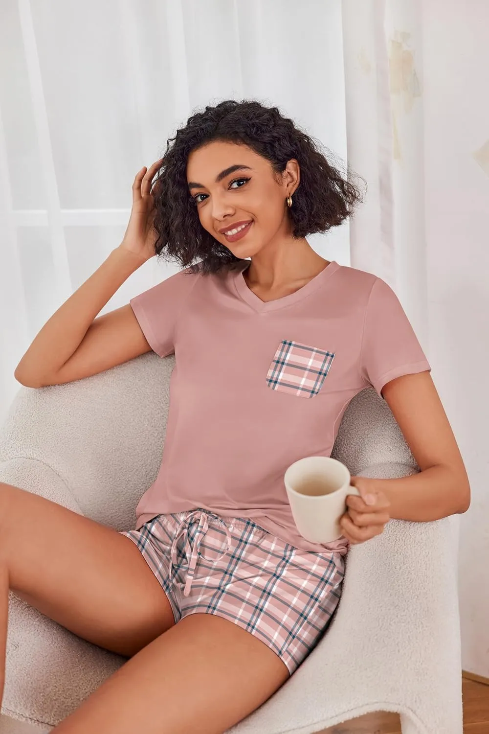 Ekouaer Womens Pajama Sets Short Sleeve Pajamas for Women Sets Soft Lounge Sets Casual V Neck Sleepwear PJS